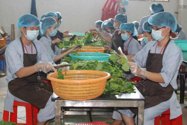 Để đảm bảo sức khỏe cho các bạn trẻ về tham dự khóa tu tại chùa Hoằng Pháp, các thầy và Phật tử của chùa phải thức khuya dậy sớm để nấu hơn 3000 phần ăn trong suốt thời gian diễn ra khóa tu